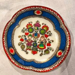 Vintage Austrian Enamel on Metal Trinket Dish. Hand Painted. Gold Gilt.   3”